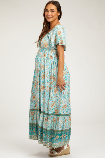 Light Blue Floral Flounce Sleeve Maternity Maxi Dress