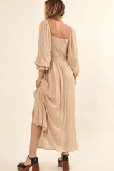 Sand Floral Square Neck Smocked Long Sleeve Maxi Dress