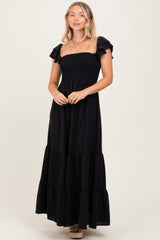 Black Smocked Ruffle Off Shoulder Tiered Maxi Dress