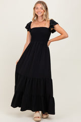 Black Smocked Ruffle Off Shoulder Tiered Maxi Dress