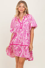 Fuchsia Print Satin Puff Sleeve Dress