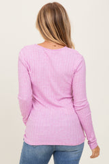 Pink Ribbed Knit Button Long Sleeve Top