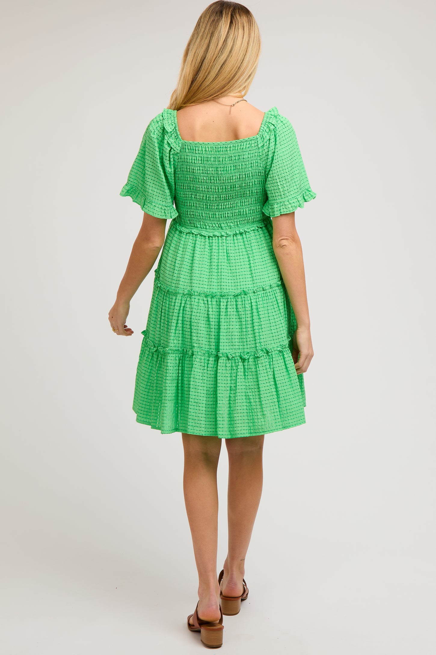 Green Smocked V-Neck Ruffle Short Sleeve Tiered Maternity Dress