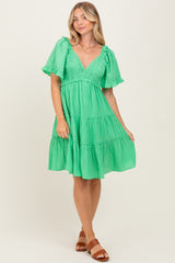 Green Smocked V-Neck Ruffle Short Sleeve Tiered Dress