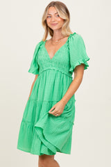 Green Smocked V-Neck Ruffle Short Sleeve Tiered Dress