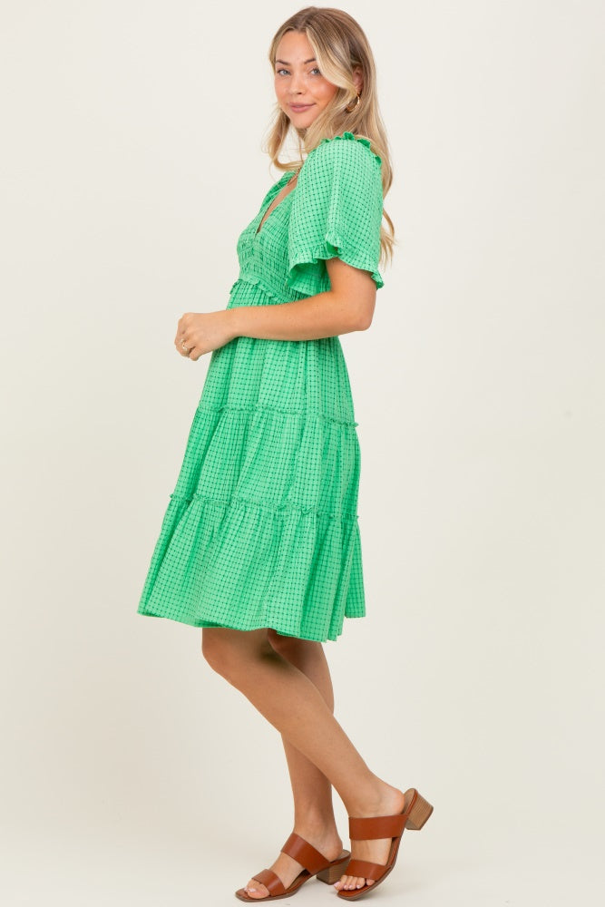 Green Smocked V-Neck Ruffle Short Sleeve Tiered Dress