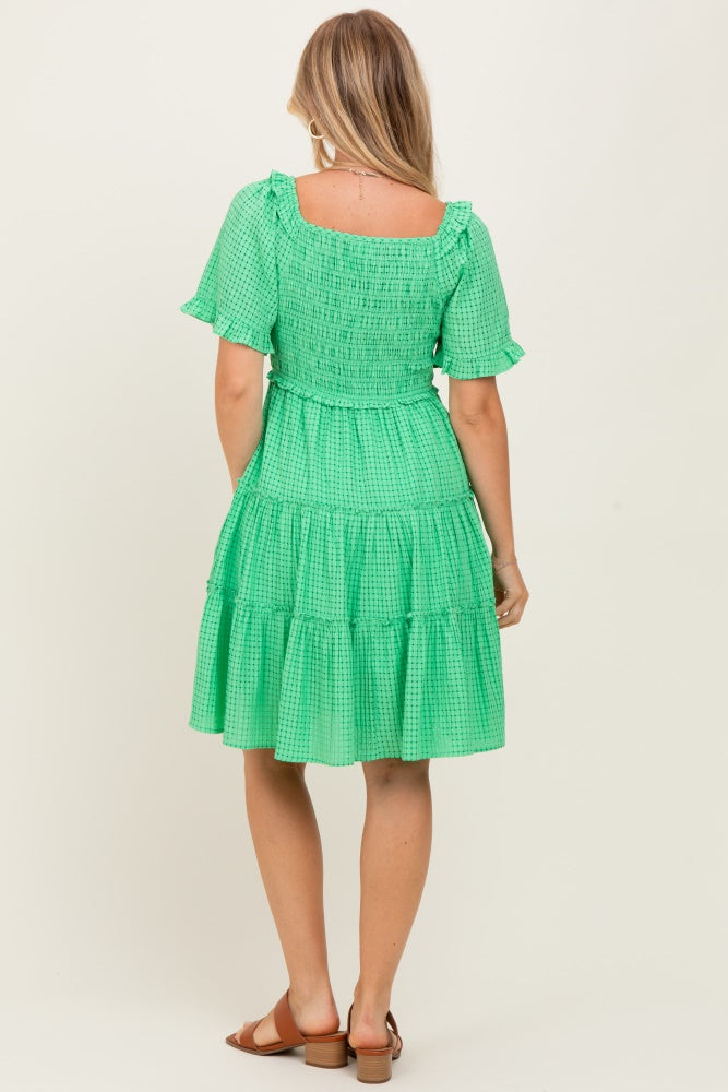 Green Smocked V-Neck Ruffle Short Sleeve Tiered Dress