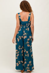 Teal Floral Smocked Jumpsuit