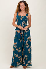 Teal Floral Smocked Jumpsuit