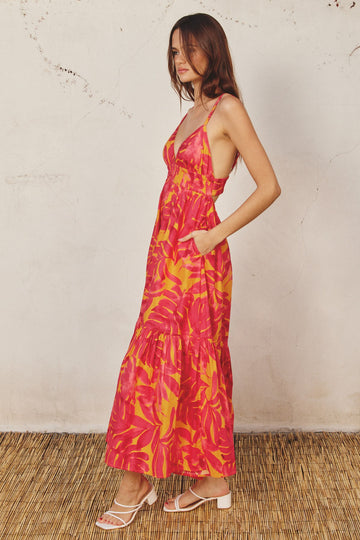 Coral Leaf Print Open Back Midi Dress