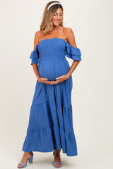 Blue Ruffle Tiered Maternity Maxi Dress