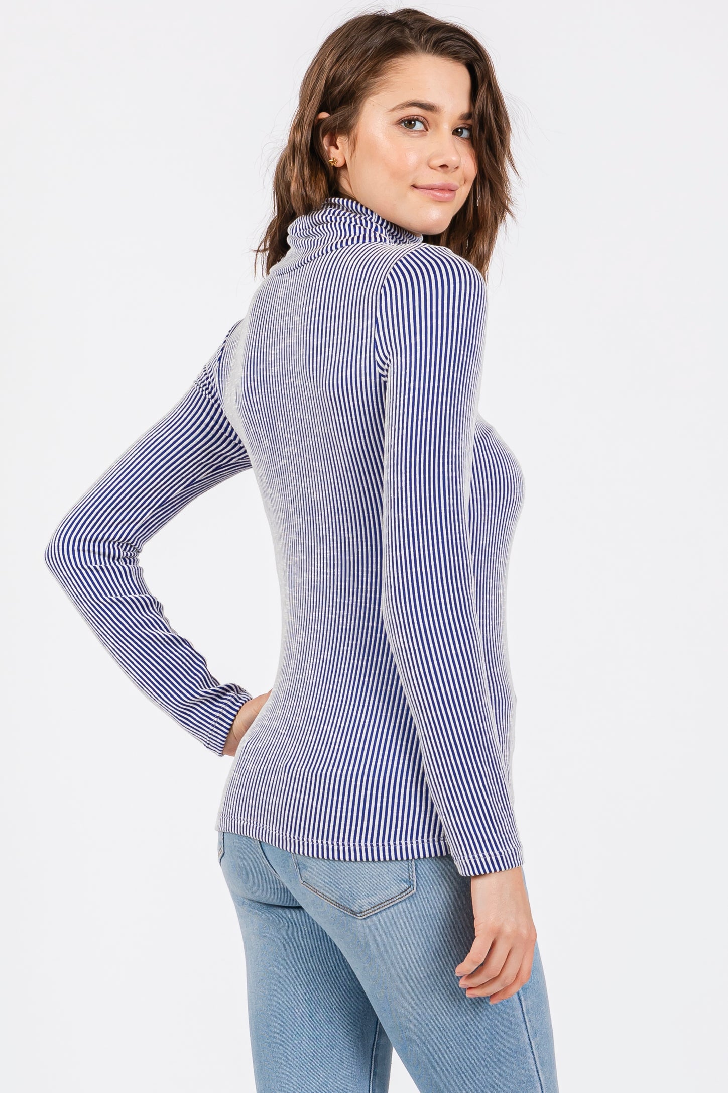 Blue Ribbed Turtleneck Top