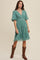 Sage V-Neck Pleated Mesh Cinched Waist Midi Dress