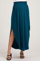 maternity wear teal maxi skirt with side slits and elastic waistband
