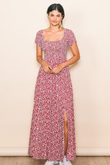 Red Floral Smocked Fitted Sleeve Side Slit Maternity Maxi Dress