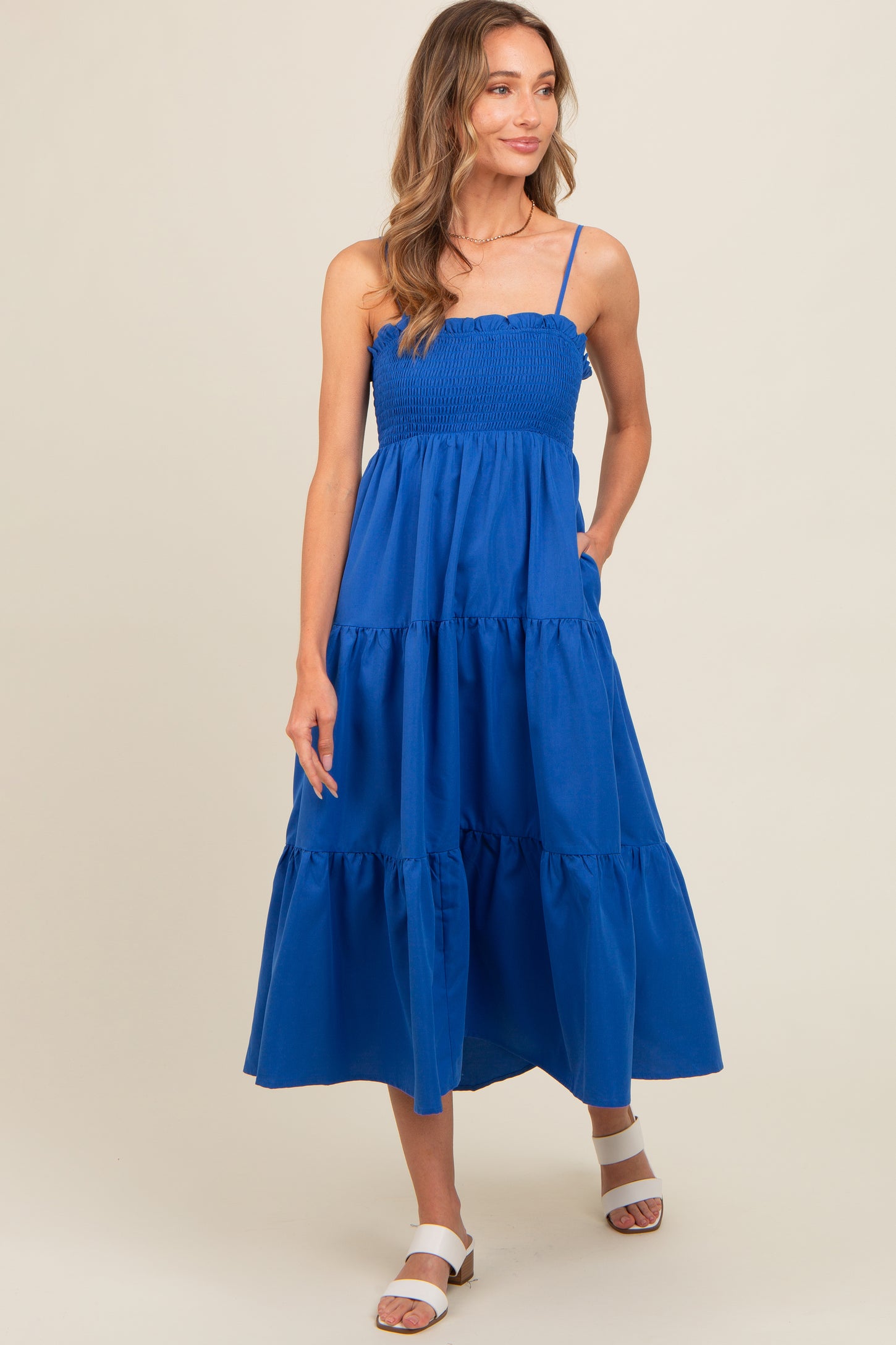 Royal Blue Smocked Cut-Out Back Tiered Midi Dress
