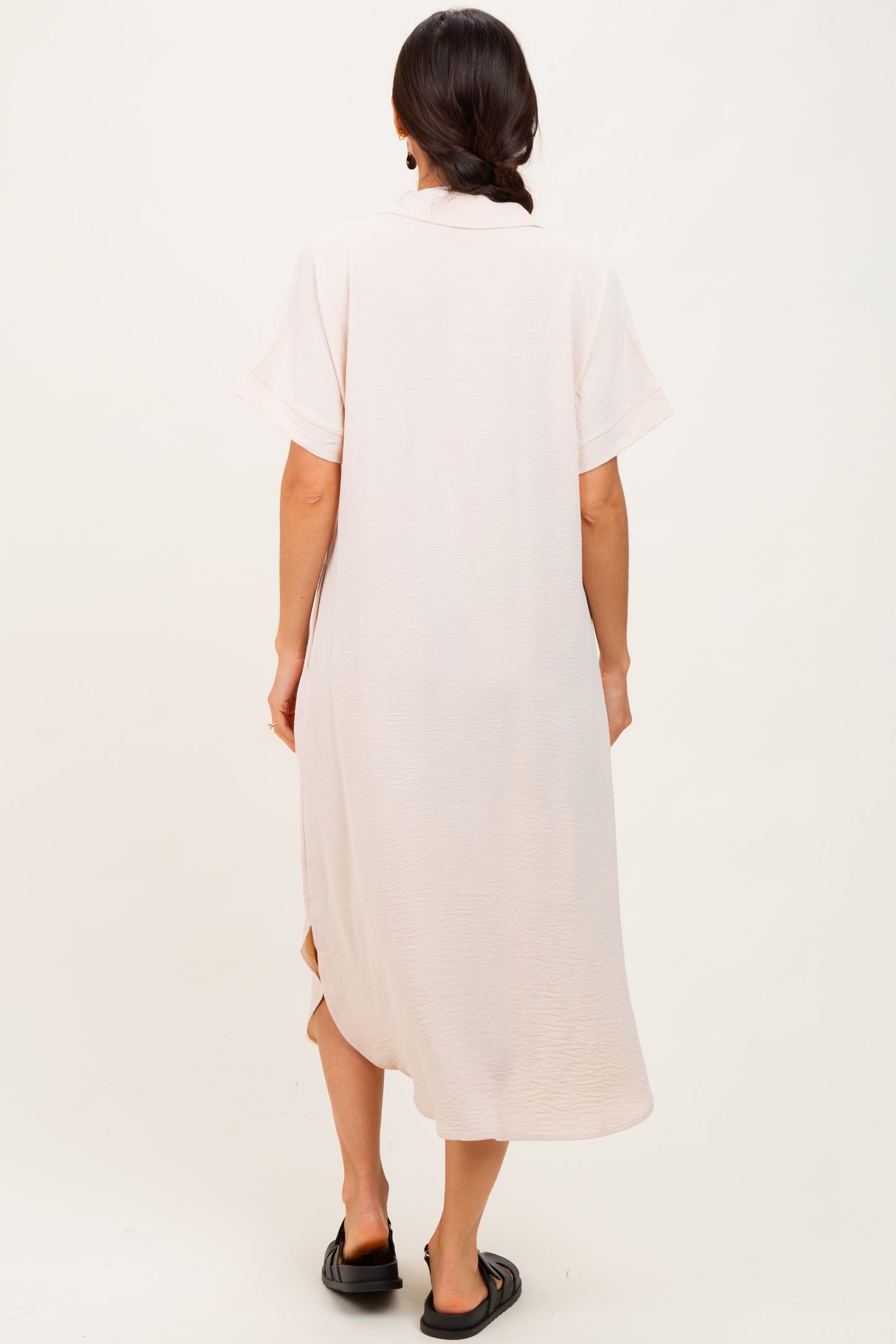 Beige Button Down Front Pocket Midi Dress