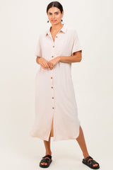 Beige Button Down Front Pocket Maternity Midi Dress