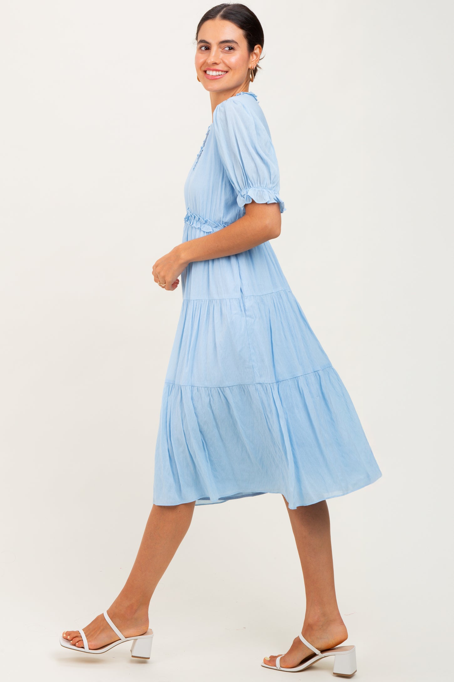 Light Blue Ruffle Trim Tiered Dress