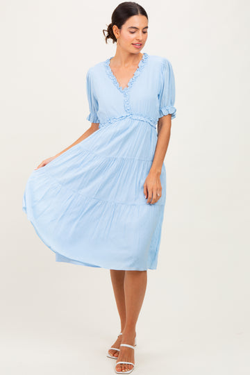 Light Blue Ruffle Trim Tiered Dress