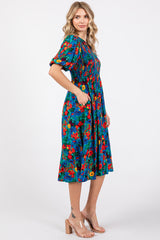 Blue Multi-Color Floral Smocked Puff Sleeve Dress