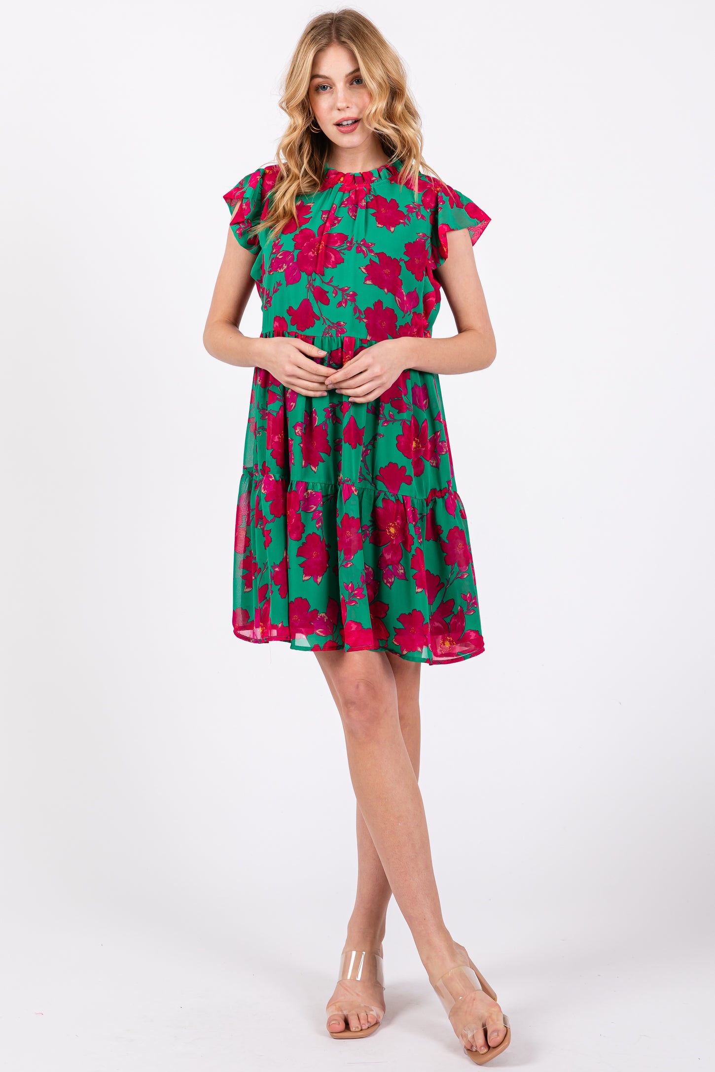 Green Magenta Floral Tiered Maternity Mini Dress