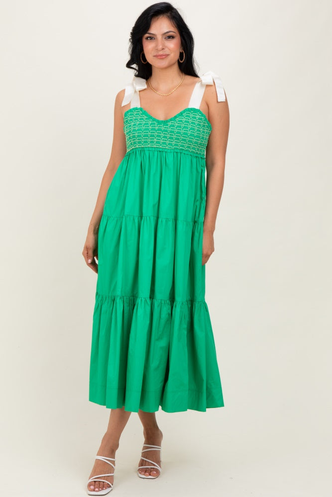 Green Ribbon Strap Tiered Maxi Dress