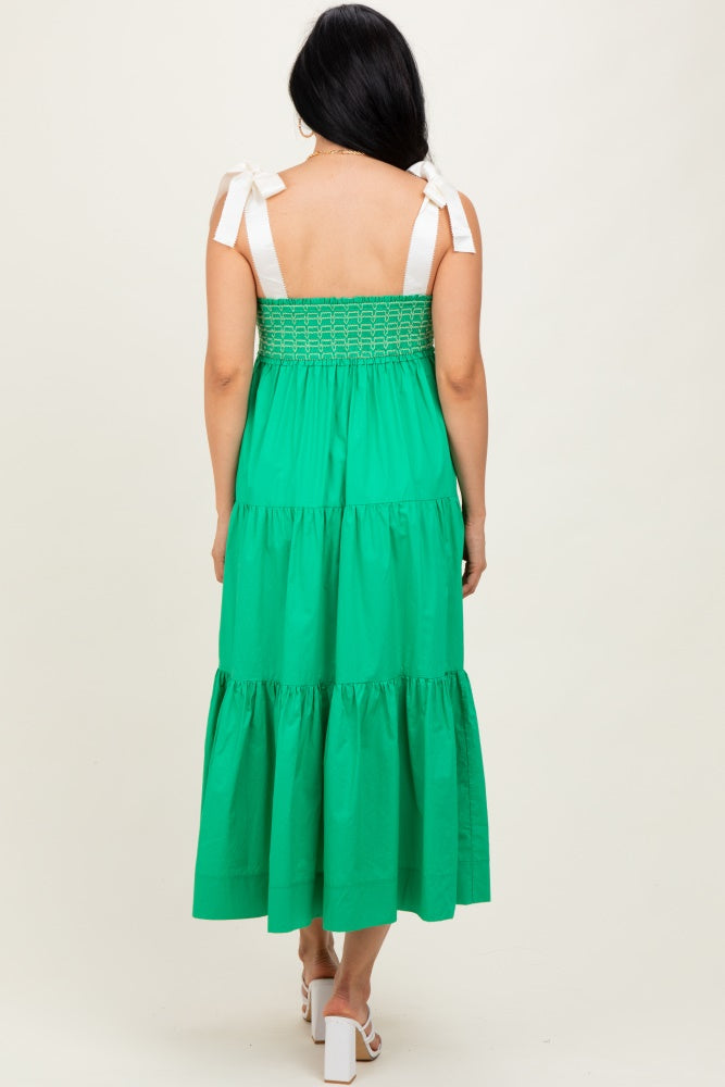 Green Ribbon Strap Tiered Maxi Dress