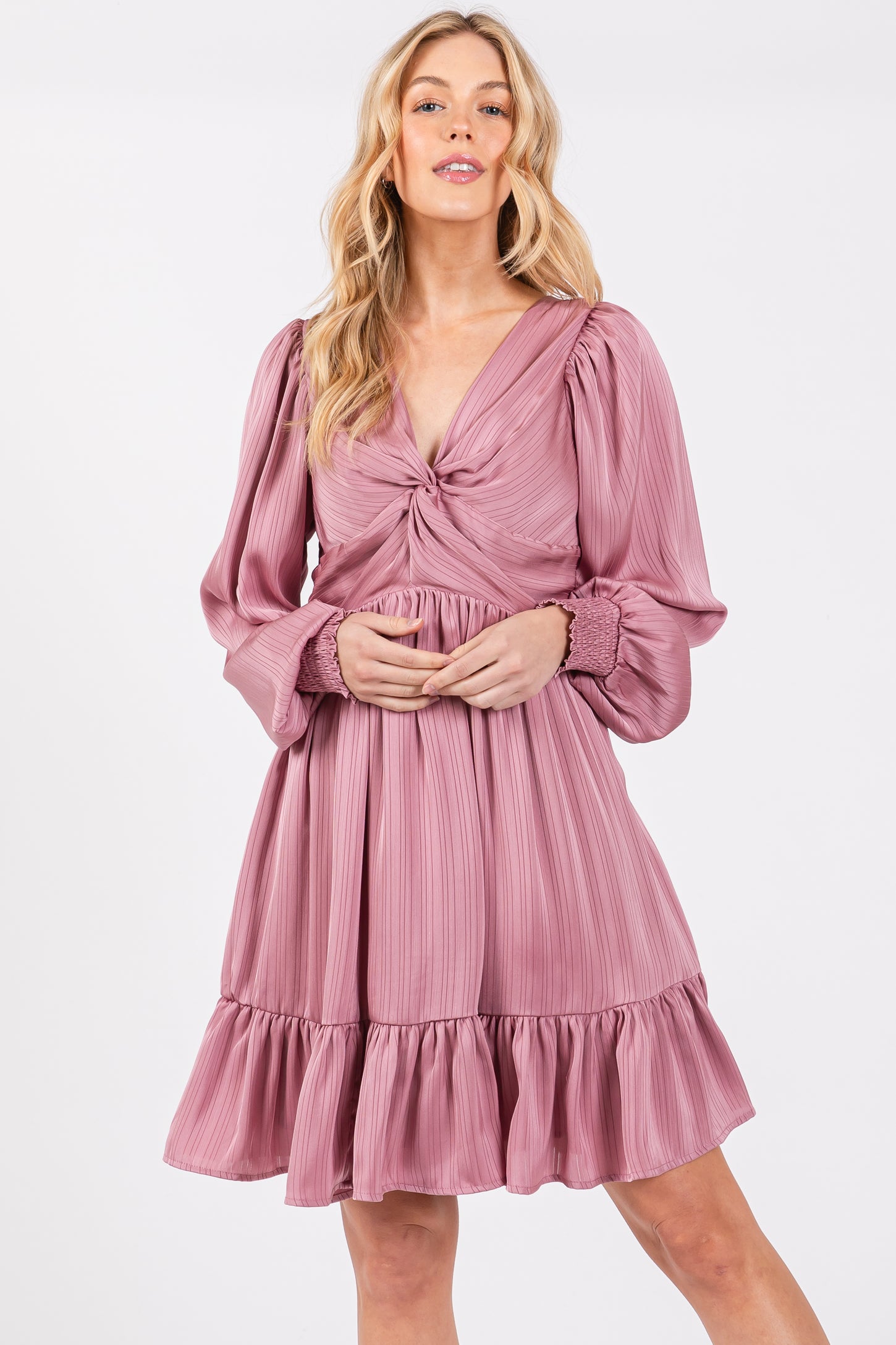 Mauve Striped Satin Twist Front Dress