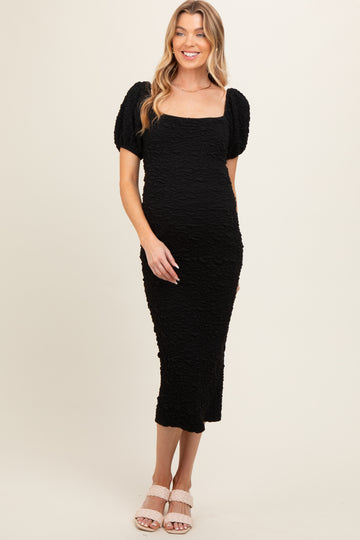Black Textured Square Neck Puff Sleeve Maternity Midi Dress
