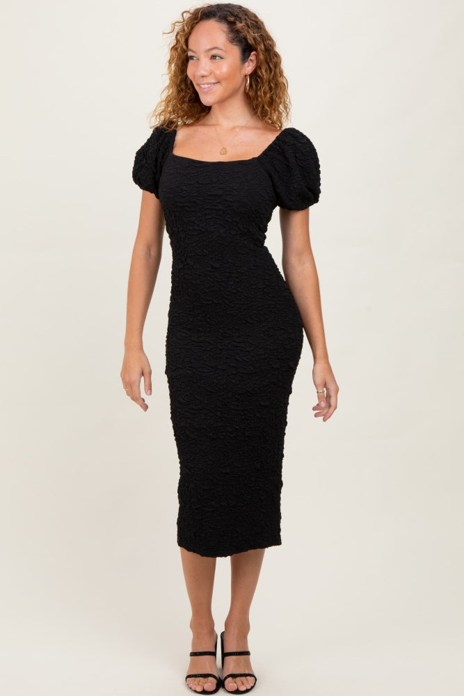 Black Textured Square Neck Puff Sleeve Midi Dress