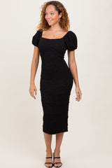 Black Textured Square Neck Puff Sleeve Midi Dress