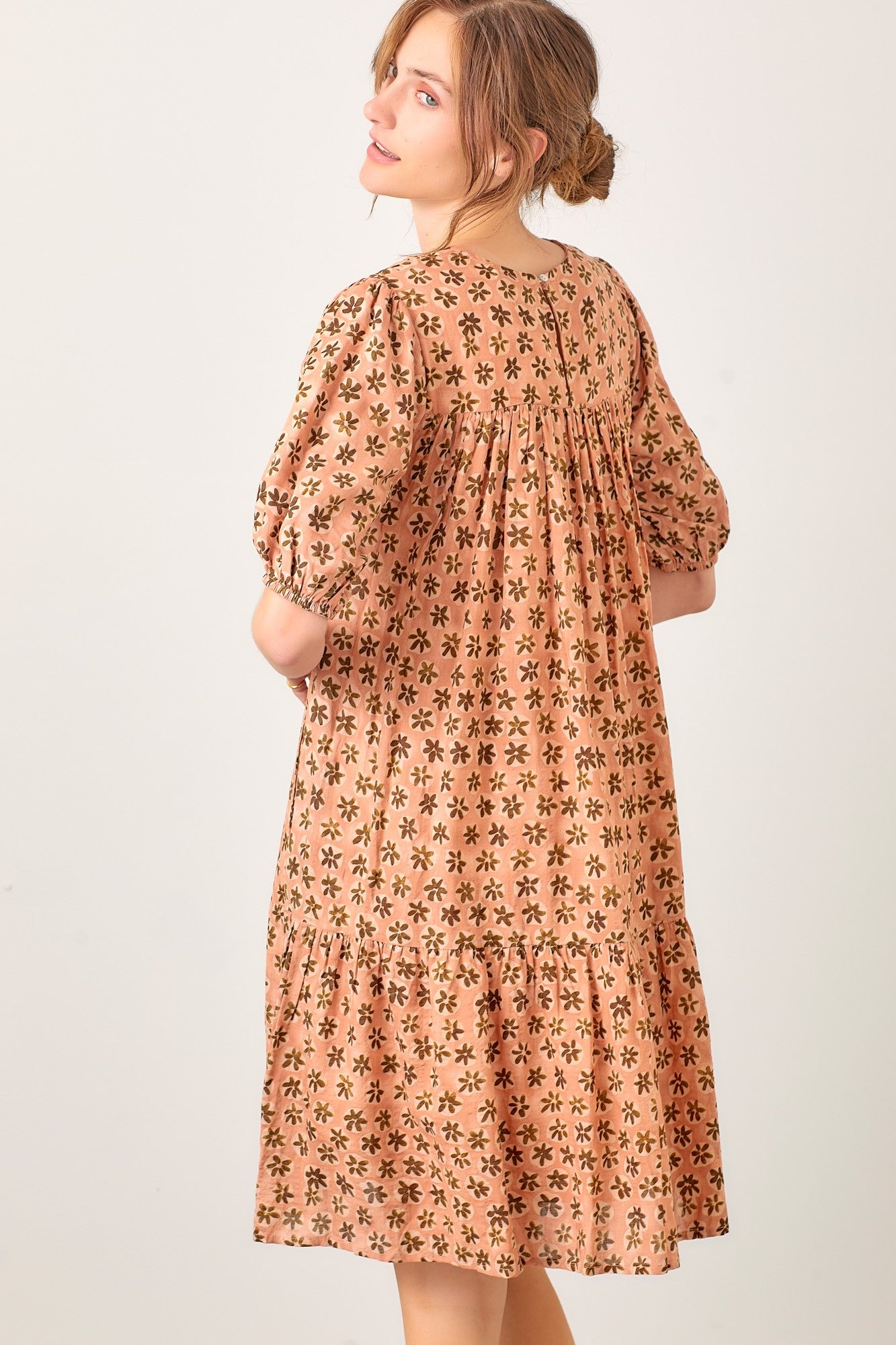 Rust Floral Back Tie Puff Sleeve Mini Dress