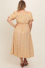 Yellow Floral Short Puff Sleeve Maternity Plus Midi Dress