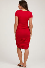 Red Ruched Fitted Maternity Dress
