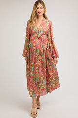 Orange Button Front Ruffle Maternity Midi Dress