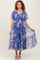 Blue Leaf Print Mesh Smocked Midi Dress