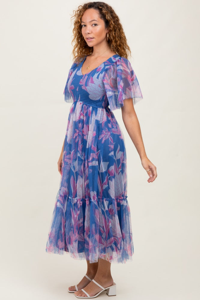 Blue Leaf Print Mesh Smocked Midi Dress