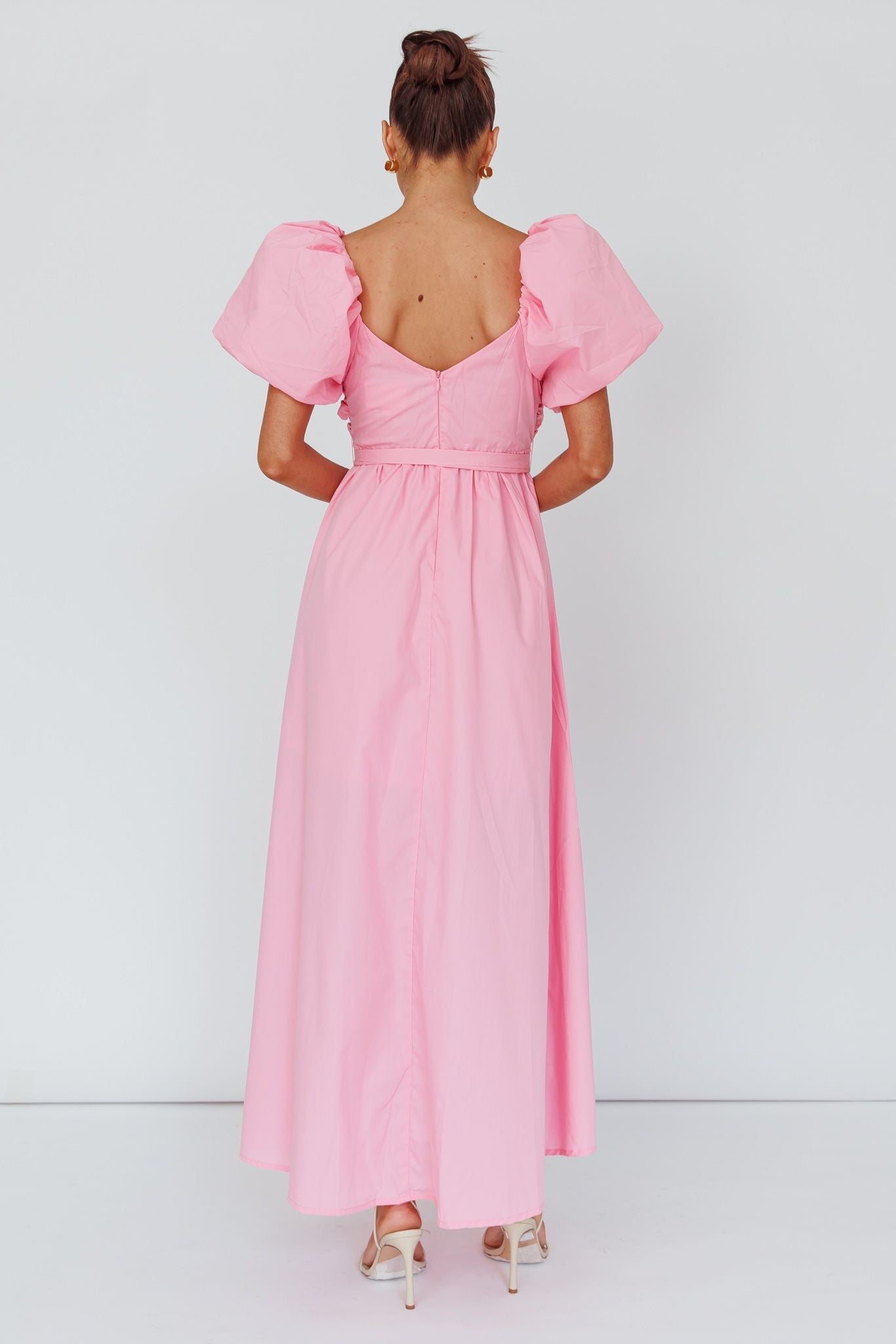 Pink Balloon Sleeve V Neckline Maxi Dress