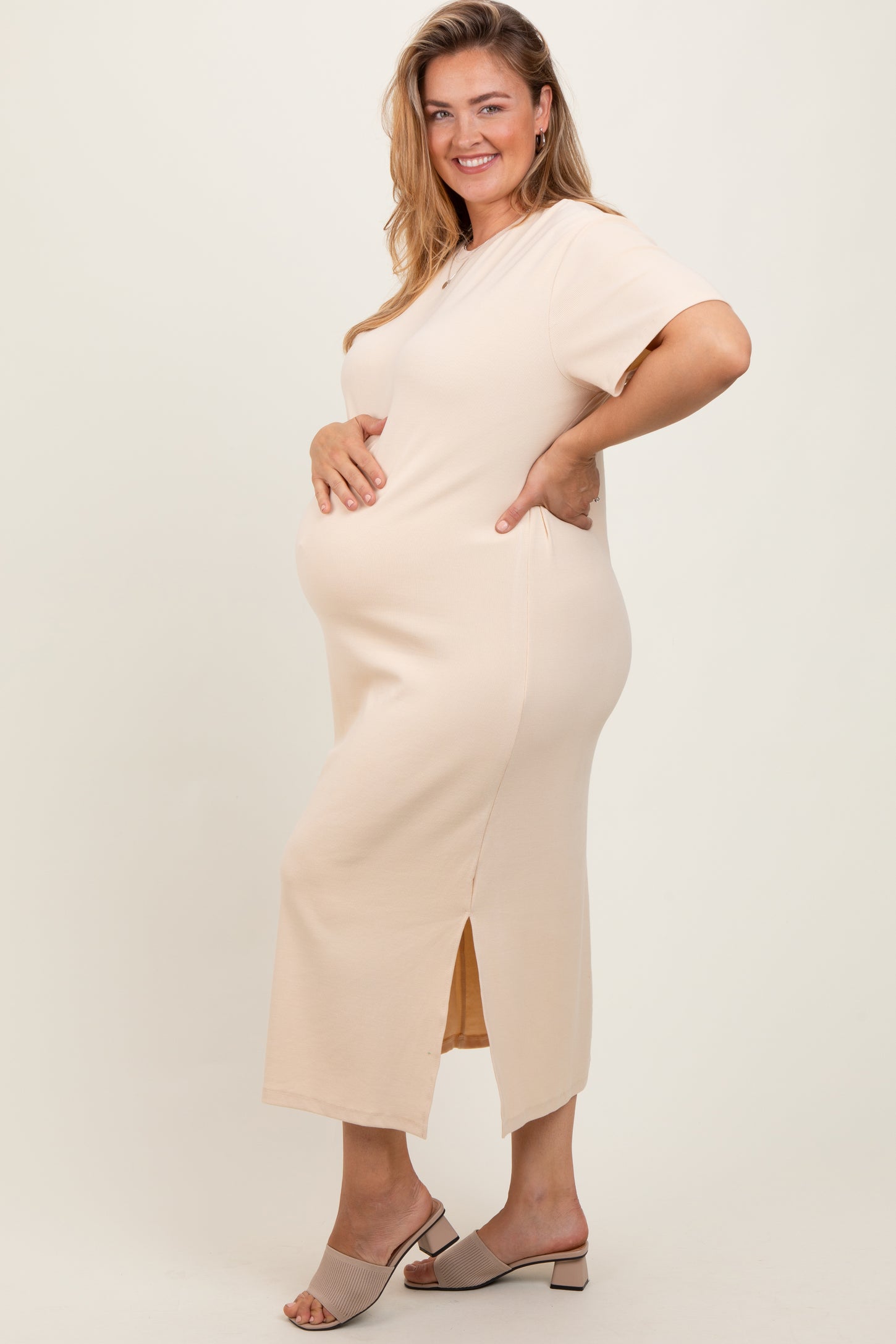 Cream Short Sleeve Side Slit Maternity Plus T-Shirt Midi Dress