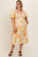 Yellow Floral Square Neck Smocked Short Puff Sleeve Maternity Plus Midi Dress