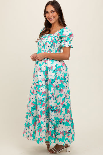 Aqua Floral Puff Sleeve Maternity Maxi Dress