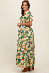 Green Floral Puff Sleeve Maternity Maxi Dress