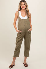 Olive Button Down Maternity Cropped Jumpsuit
