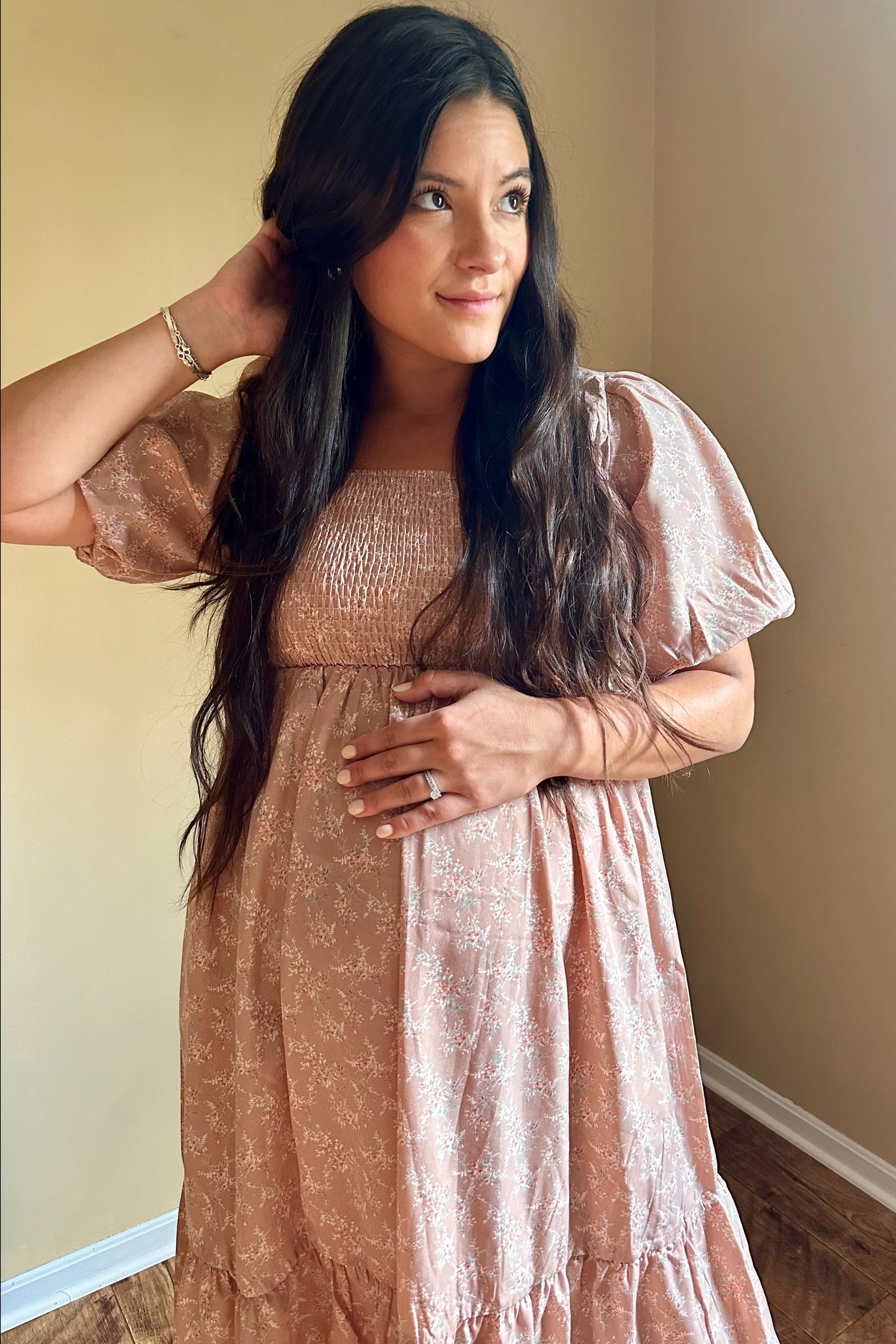 Light Pink Floral Smocked Square Neck Short Puff Sleeve Maternity Midi Dress