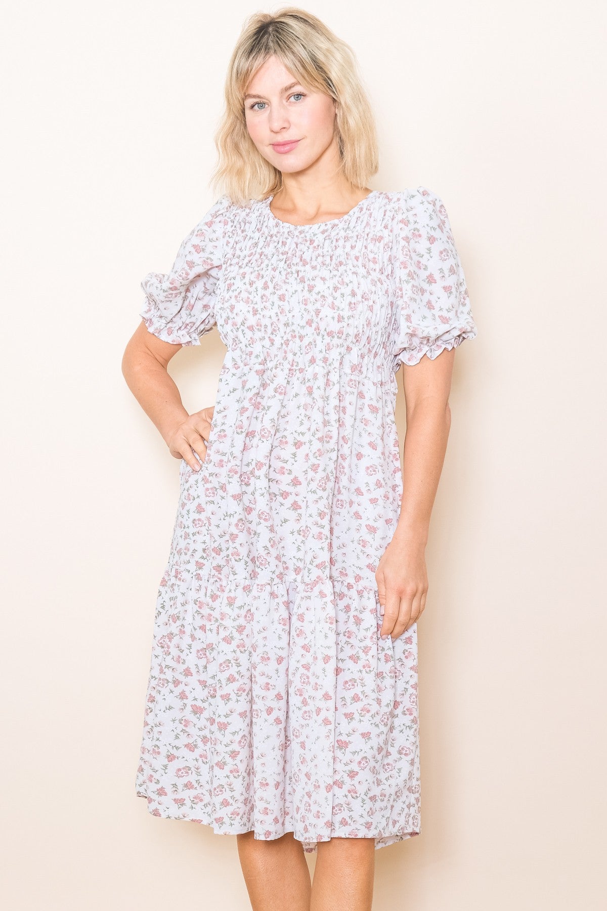 Cream Floral Smocked Maternity Midi Dress