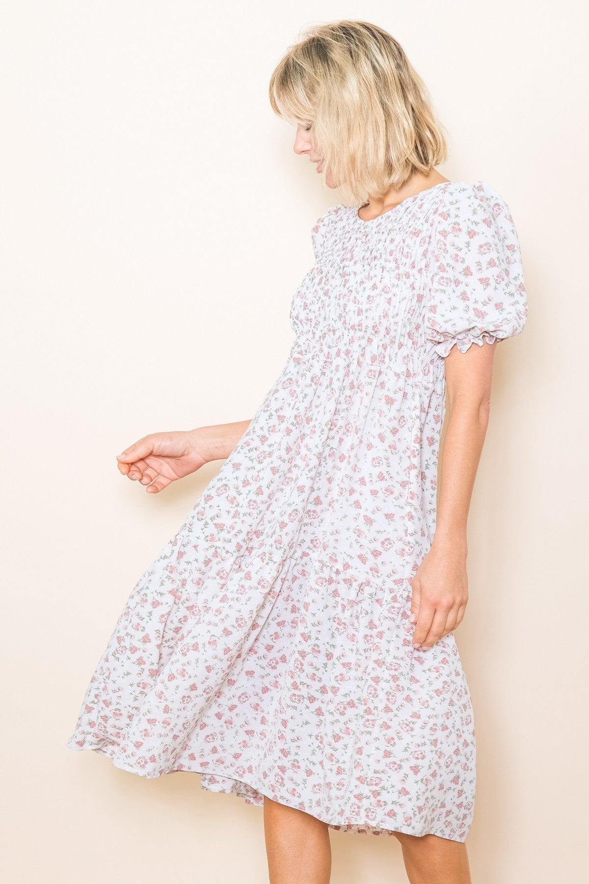 Cream Floral Smocked Midi Dress