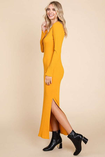 Yellow Ribbed Side Slit Maxi Dress