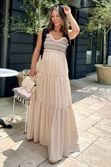 Beige Sweetheart Neck Smocked Embroidered Ribbon Shoulder Tie Maternity Midi Dress
