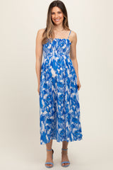 Royal Blue Abstract Floral Smocked Maternity Midi Dress